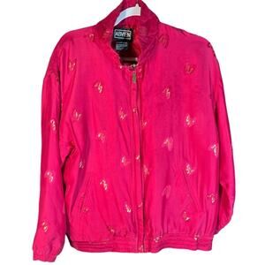 Abvien Vintage SILK‎ Pink Gold Butterfly Bomber Jacket Barbie Zip Up Collared L